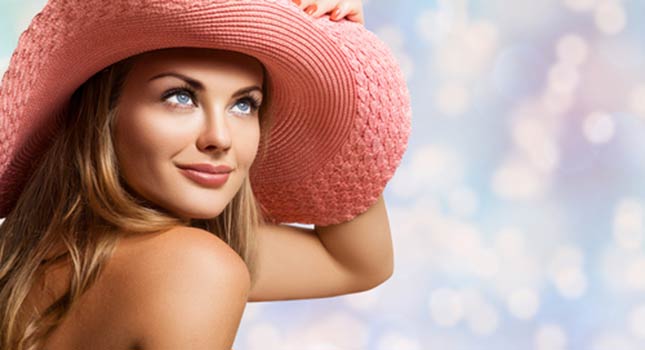 Woman is wearing Peach Hat on her Head, Beauty Portrait Summer Girl